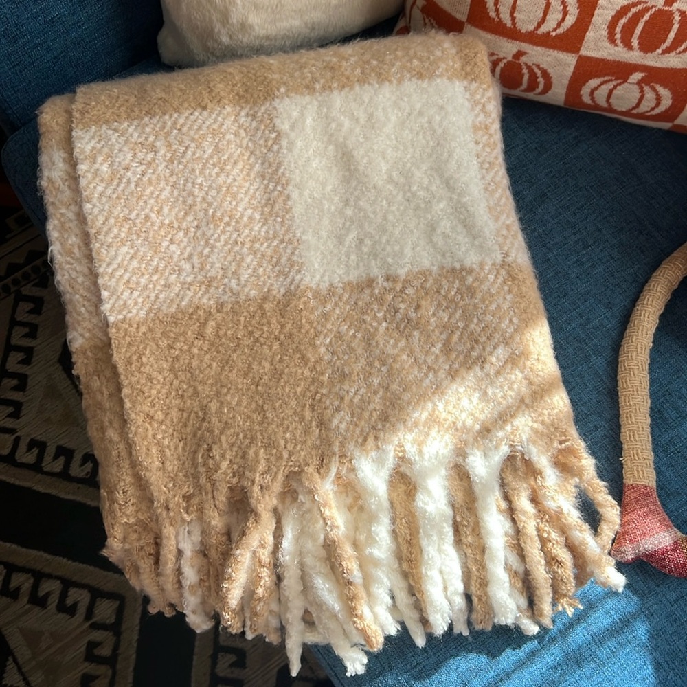 Woven plaid throw tan and white
